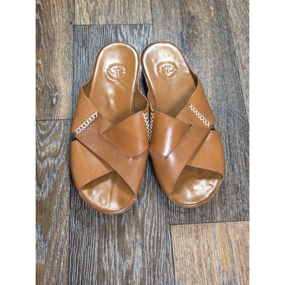 Johnston & Murphy Tan Brown Leather Crisscross Whipstitch Slide Sandals 8.5M